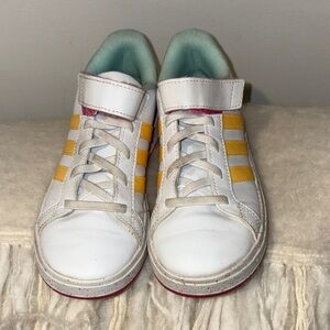 adidas Kids White Sneakers with Yellow Stripes